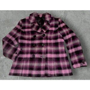 Chadwicks Wool Pea Coat Women Sz 16 Purple Plaid Double Breasted Button Front